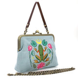 Frog in the Lily Pond Kiss Lock Bag in Linen Cotton Blend Material