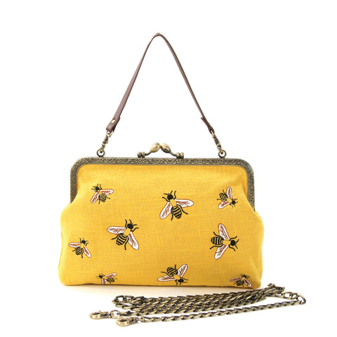 Bees Kisslock Bag in Yellow Cotton front view