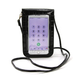Smart Phone Shoulder Pouch with Plastic Phone Cover in Vinyl Material, black color, back view