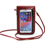 Smart Phone Shoulder Pouch with Plastic Phone Cover in Vinyl Material, red color, back view
