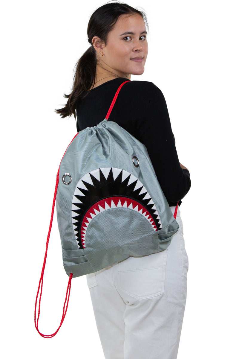 Unisex Water Resistant Nylon Shark Bite Jaws Drawstring Knap Sack Back Pack  (Grey)