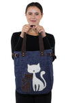Lovely Cats With Faux Fur And Studs Canvas Tote Bag, blue color, front handheld view