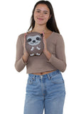 Sleepyville Critters Baby Sloth Shoulder Crossbody Bag in Vinyl Material, front view, handheld by model