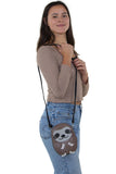 Sleepyville Critters Baby Sloth Shoulder Crossbody Bag in Vinyl Material, shoulder bag style on model