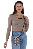 Sleepyville Critters Baby Sloth Shoulder Crossbody Bag in Vinyl Material, crossbody style on model