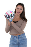 Sleepyville Critters - Green Baby Alien Shoulder Crossbody Bag in Vinyl Material, front view, handheld by model