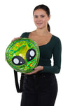 Green Alien Head Vinyl Backpack in Vinyl Material, green color, front view, handheld by model