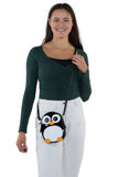 Wide-Eyed Penguin Shoulder Crossbody Bag in Vinyl Material, crossbody style on model