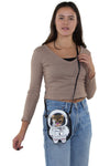 Astronaut Cat Shoulder Crossbody Bag in Vinyl Material, crossbody style on model