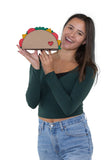 Yummy Taco Wristlet in Vinyl Material, handheld by model