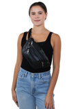 Black Leatherette Fanny Pack in Vinyl Material, sling bag style on model