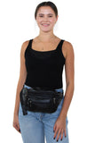 Black Leatherette Fanny Pack in Vinyl Material, front view, fanny pack style on model