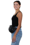 Black Leatherette Fanny Pack in Vinyl Material, side view, fanny pack style on model