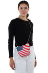 American Flag Crossbody Bag in Canvas with Chain Strap in Canvas Material, crossbody style on model