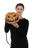 Sleepyville Critters - Pumpkin Two Faced Jack O Lantern Crossbody Bag in Vinyl Material, glittery side, handheld by model