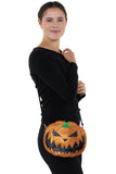 Sleepyville Critters - Pumpkin Two Faced Jack O Lantern Crossbody Bag in Vinyl Material, glittery side, crossbody style on model
