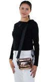 Metallic Cross Body Bag in Vinyl Material, bronze color, shoulder bag style on model