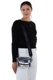 Metallic Cross Body Bag in Vinyl Material, silver color, shoulder bag style on model