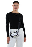 Metallic Cross Body Bag in Vinyl Material, crossbody style on model