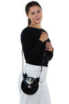Mystical Black Cat Face Crossbody Bag in Vinyl, shoulder bag style on model