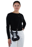 Guitar Crossbody Bag in Vinyl, black color, crossbody style on model