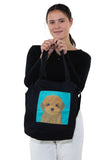 Cute Puppy in the Pocket Tote Bag in Canvas Material, front view, handheld by model