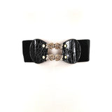 Elastic Belt With Rose Metal Closure in black; front view