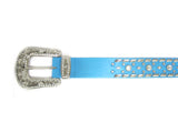 Vinyl Belt with Floral Buckle and Rhinestones in Turquoise