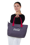 Officially Licensed Classic Glass Bottle Coca-Cola University Tote Bag, back view, handheld by model