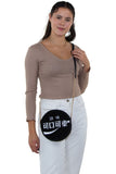 Officially Licensed Coca-Cola Round Disk Chenille Bag, black side, crossbody style on model