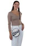 Officially Licensed Coca-Cola Round Disk Chenille Bag, white side, crossbody style on model