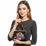 SUGAR SKULL KISS LOCK BAG IN LINEN + COTTON BLEND