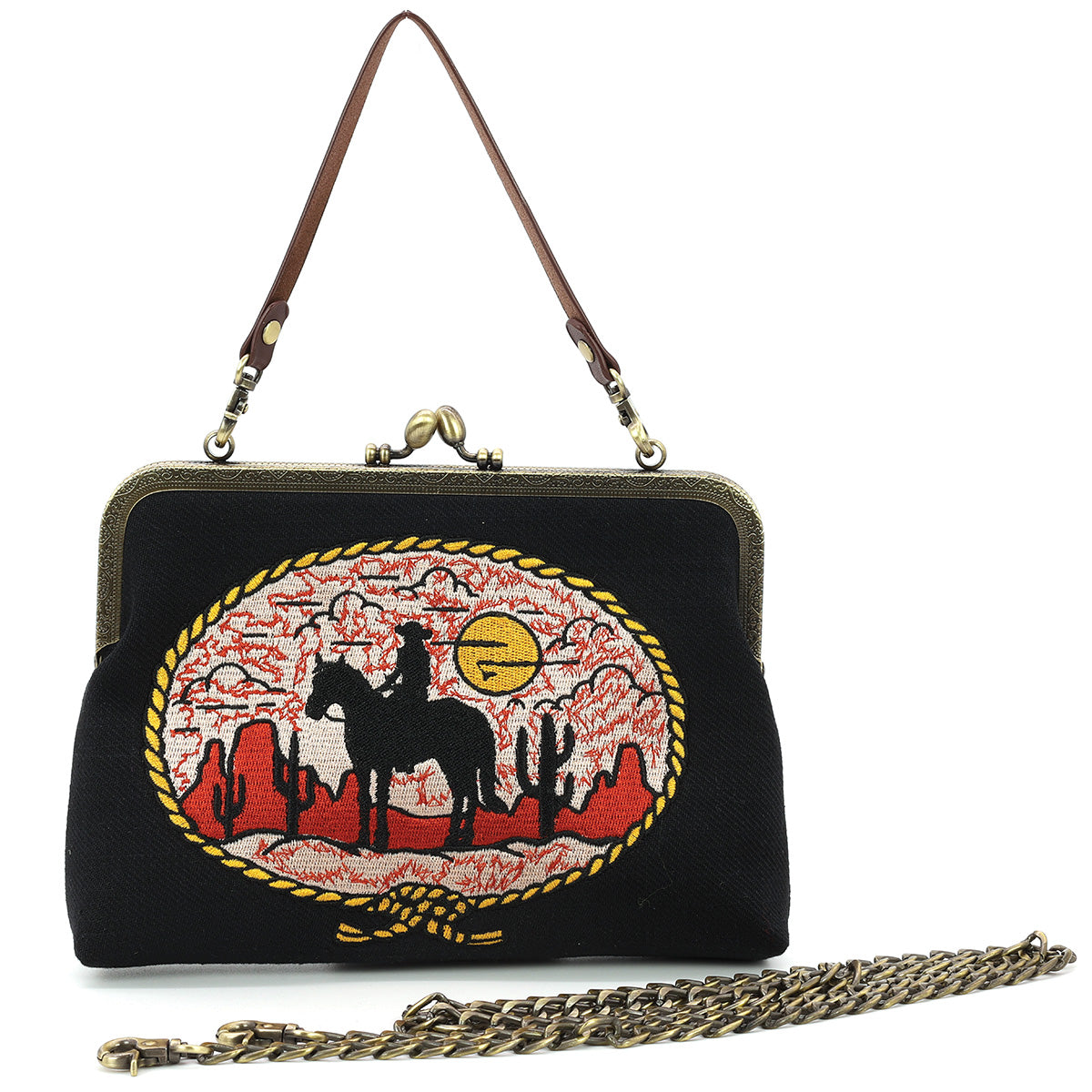 Howdy Cow Girl on Horse Kiss Lock Bag in Cotton Linen Blended Material