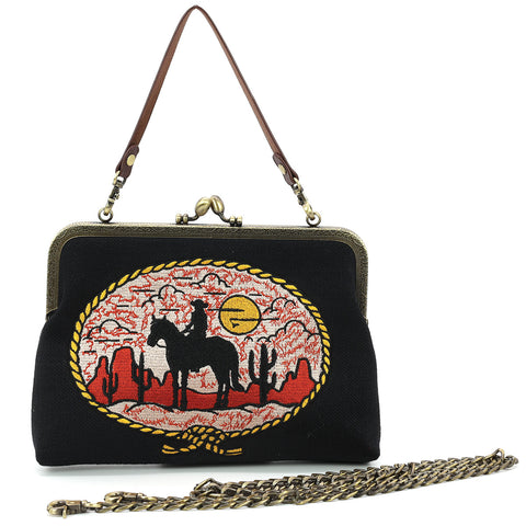 Howdy Cow Girl on Horse Kiss Lock Bag in Cotton Linen Blended Material
