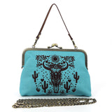 Western Cow Skull Kiss Lock Bag in Linen Blend Material
