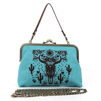 Western Cow Skull Kiss Lock Bag in Linen Blend Material