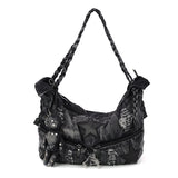 Vintage Washed Denim Hobo Bag with Star Motif in Cotton