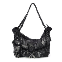 Vintage Washed Denim Hobo Bag with Star Motif in Cotton