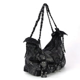 Vintage Washed Denim Hobo Bag with Star Motif in Cotton
