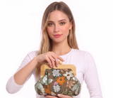 Wooden Frame Foliage Sequin Kisslock Bag in Polyester