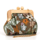 Wooden Frame Foliage Sequin Kisslock Bag in Polyester