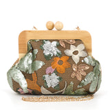 Wooden Frame Foliage Sequin Kisslock Bag in Polyester