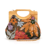 Vintage Wooden Frame Foliage Sequin Kisslock Bag in Polyester
