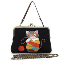 Cat In Yarn Kisslock Bag in Linen Blend Material