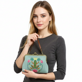 Frog in the Lily Pond Kiss Lock Bag in Linen Cotton Blend Material