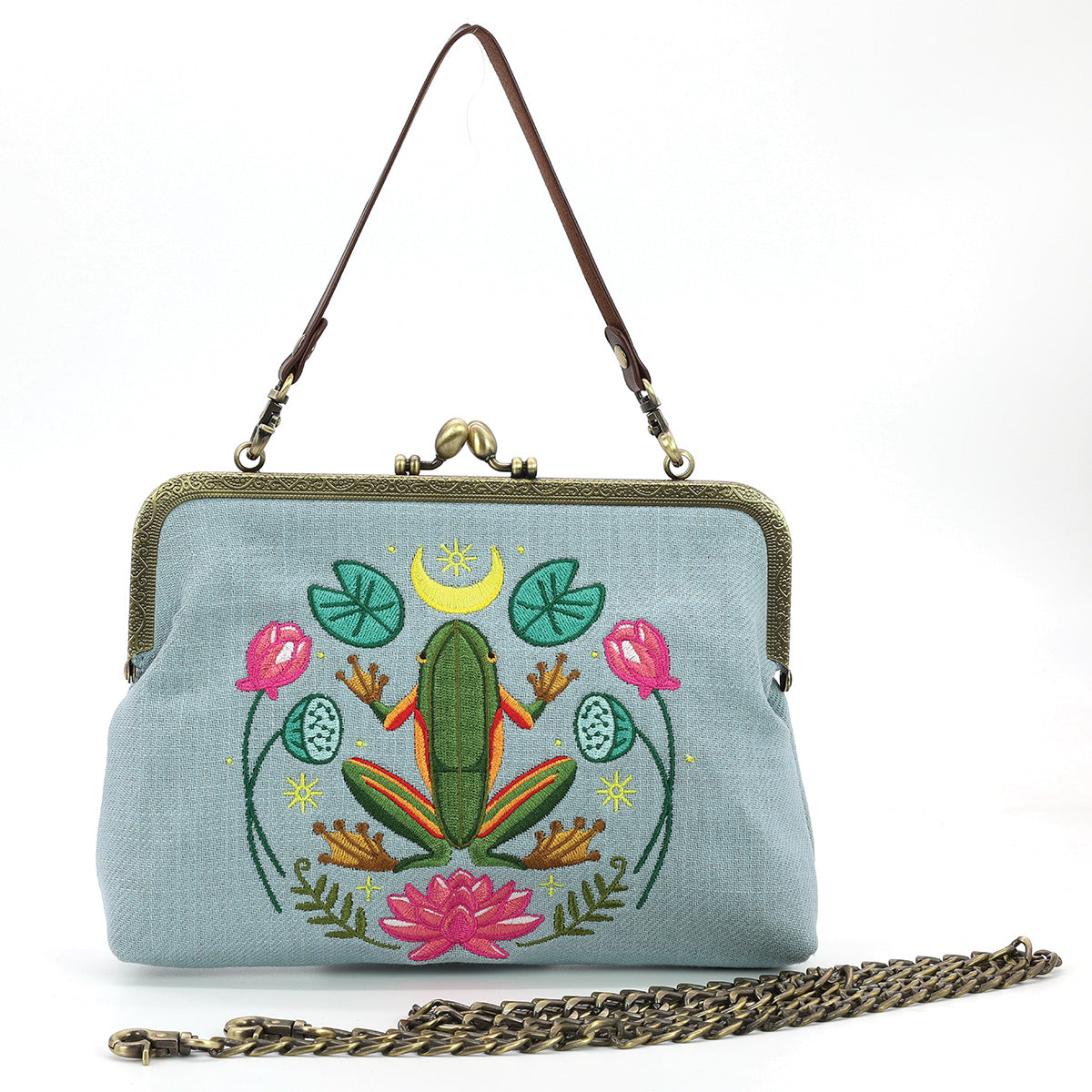 Frog in the Lily Pond Kiss Lock Bag in Linen Cotton Blend Material