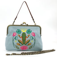 Frog in the Lily Pond Kiss Lock Bag in Linen Cotton Blend Material