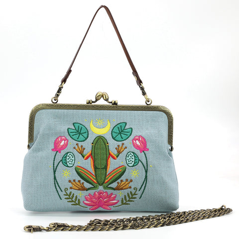 Frog in the Lily Pond Kiss Lock Bag in Linen Cotton Blend Material