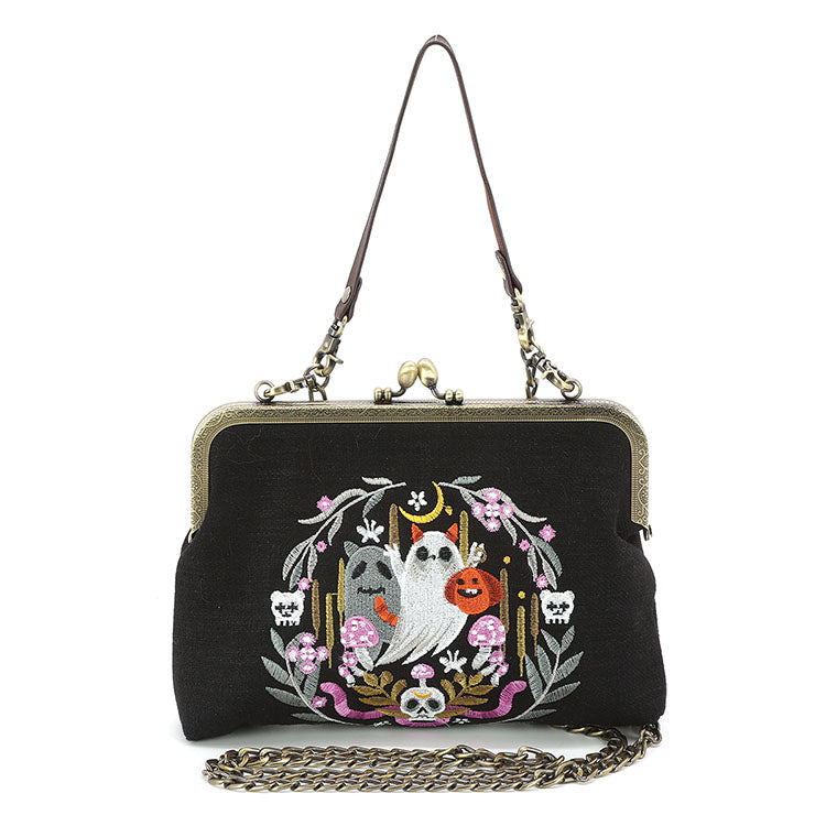 Purple Snake  + Ghosts Wreath Kiss Lock Bag in Linen