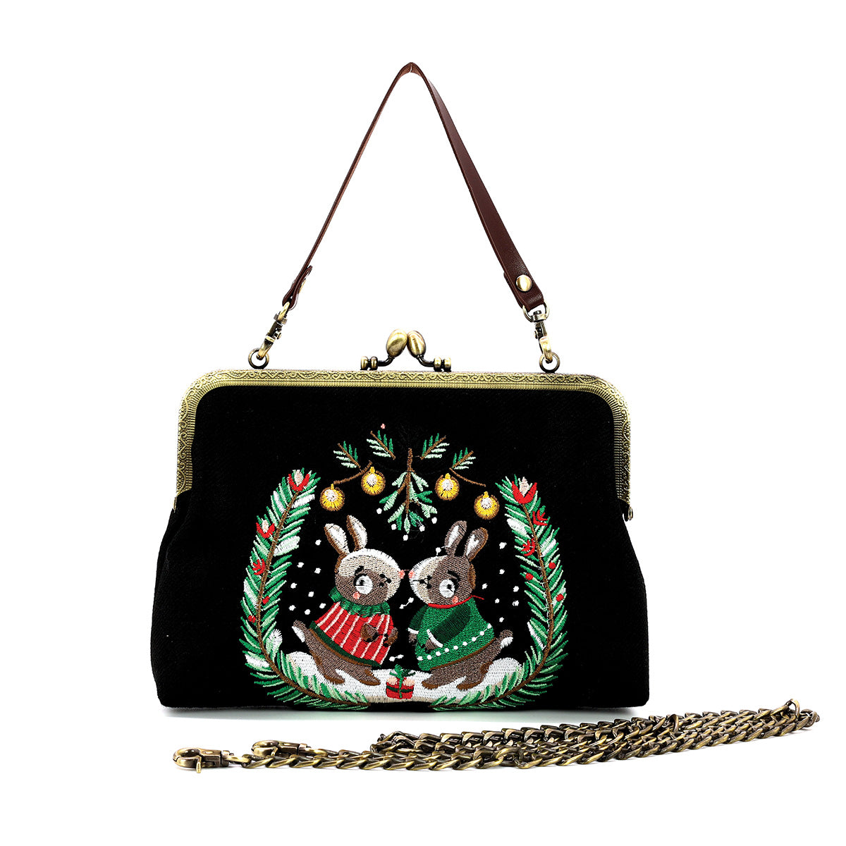 Bunnies Kissing Under Mistletoe Kiss Lock Bag in Linen Cotton Blend Material